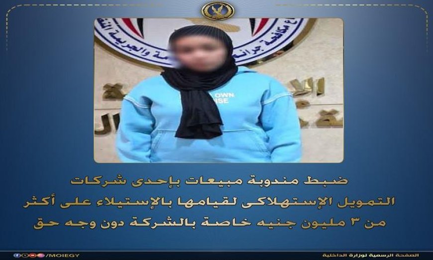 ضبط مندوبة مبيعات في شركة تمويل إستهلاكي لسرقتها 3 مليون جنيه