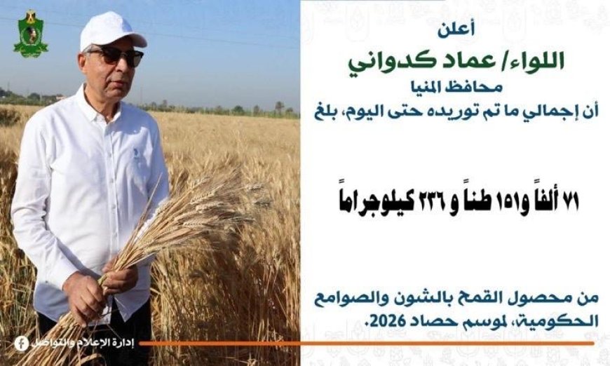 محافظ المنيا يكشف عن توريد أكثر من 71 ألف طن قمح لصوامع وشون المحافظة منذ بداية موسم 2026