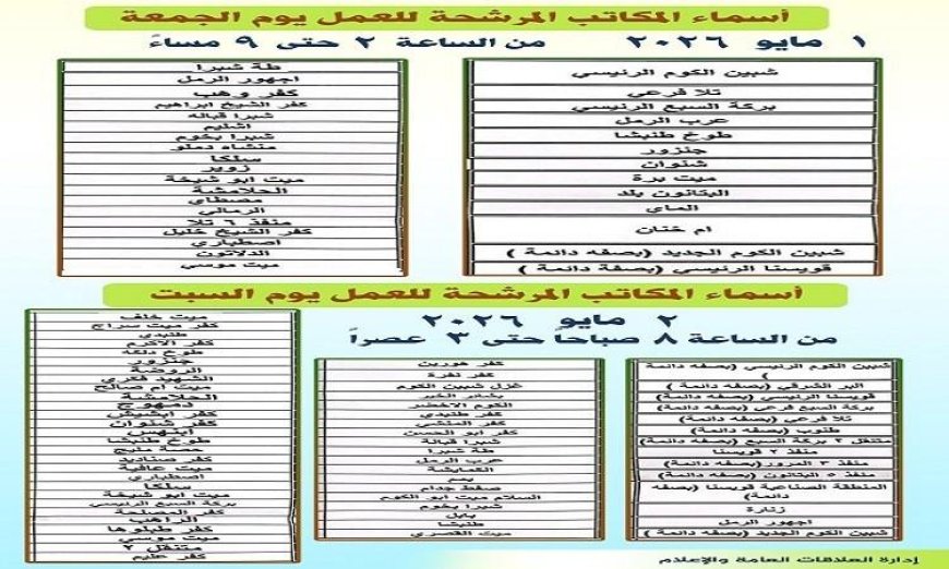 مكاتب بريد المنوفية تفتح أبوابها يومي الجمعة والسبت لصرف معاشات مايو 2026