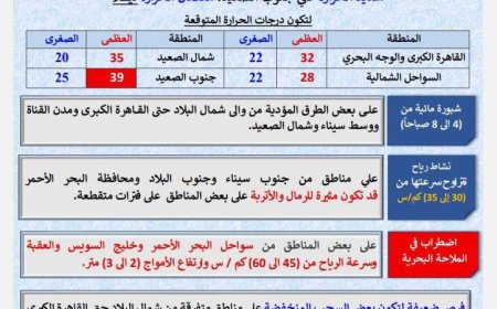 هيئة الأرصاد الجوية تكشف عن طقس اليوم المرتفع الحرارة نهارا والمعتدل ليلا مع تسجيل 32 درجة مئوية في القاهرة