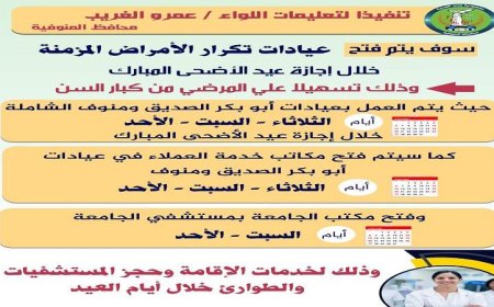 محافظ المنوفية يعلن عن توفير خدمات التأمين الصحي في عدة فروع خلال إجازة عيد الأضحى