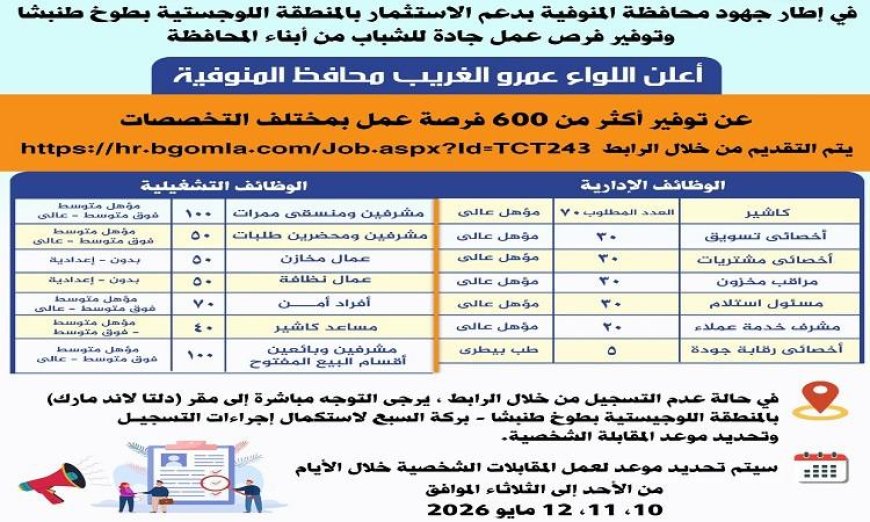 محافظ المنوفية يعلن عن إنشاء فرص عمل مميزة في المنطقة اللوجستية ببركة السبع