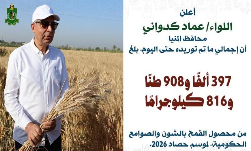 محافظ المنيا يكشف عن استلام أكثر من 397 ألف طن من القمح خلال بدء موسم الحصاد 2026