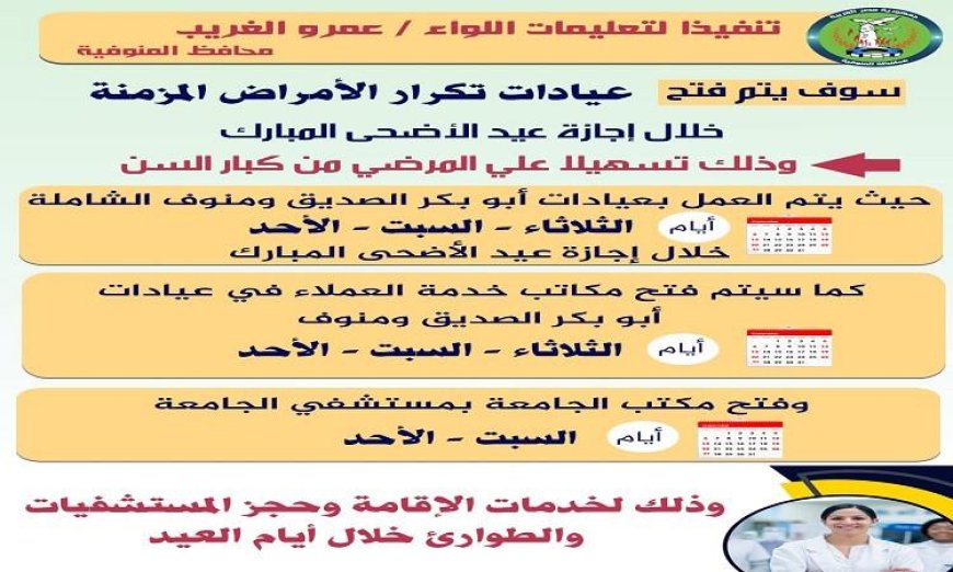 محافظ المنوفية يعلن عن توفير خدمات التأمين الصحي في عدة فروع خلال إجازة عيد الأضحى