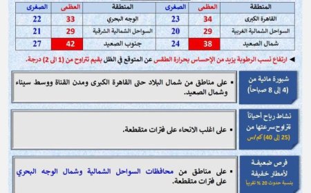 الأرصاد الجوية تعلن عن طقس حار نهارا ومعتدل ليلا مع درجة حرارة عظمى 34 في القاهرة اليوم