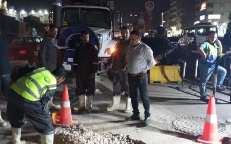 رئيس شركة الصرف الصحي بالقاهرة يزور الموقع لمتابعة هبوط أرضي في شارع مصطفى النحاس