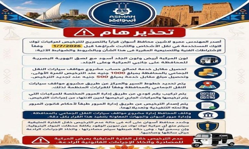 محافظ أسوان يعلن عن إصدار ترخيص مركبات التوك توك لتحسين النقل بالمدينة