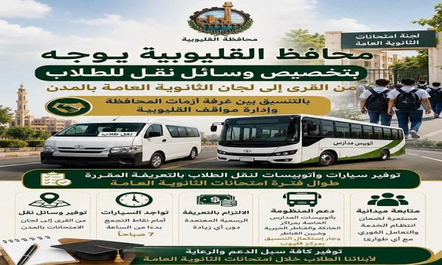 محافظ القليوبية يعلن تخصيص سيارات لنقل طلاب القرى إلى لجان امتحانات الثانوية العامة