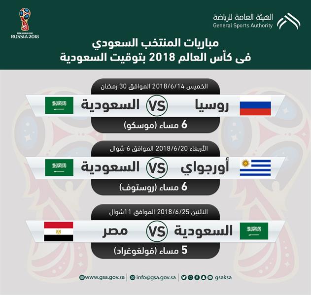 موعد مباريات منتخب السعودية فى كأس العالم 2018